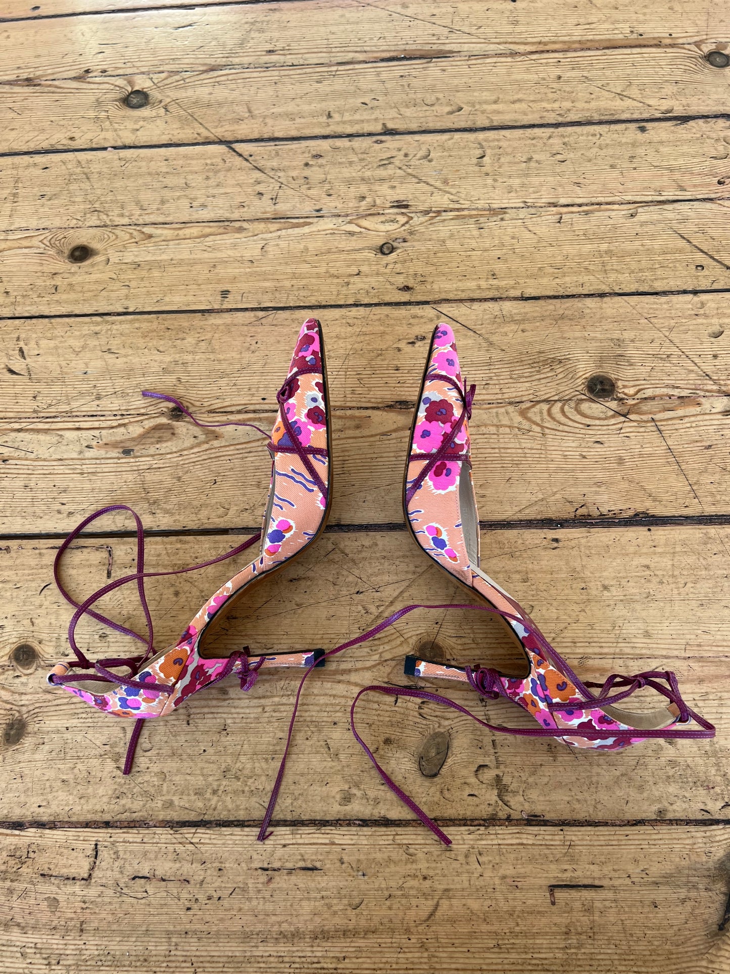 Dior Flower Patterned Bow Ankle Wrapped Heels