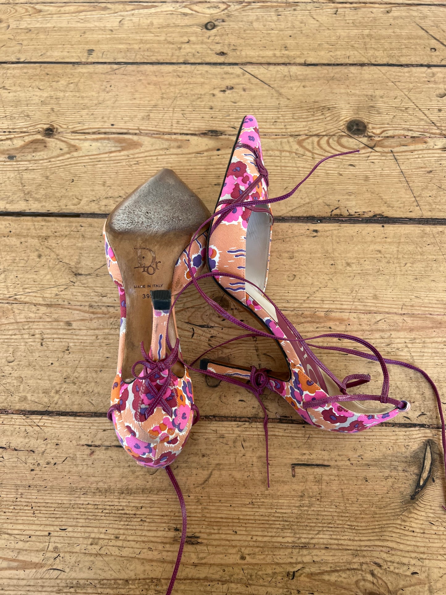 Dior Flower Patterned Bow Ankle Wrapped Heels