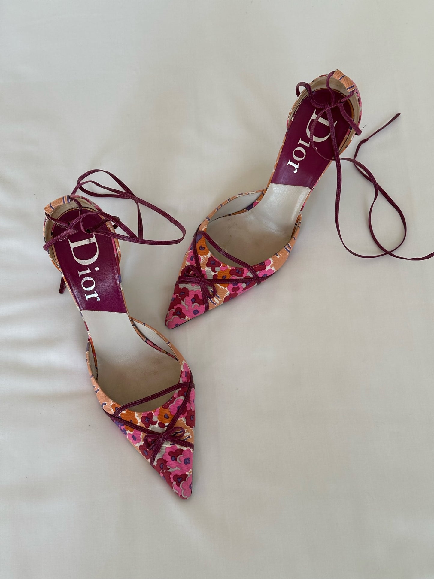 Dior Flower Patterned Bow Ankle Wrapped Heels