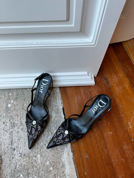 Dior Vintage Monogram Cloth Slingback Heels