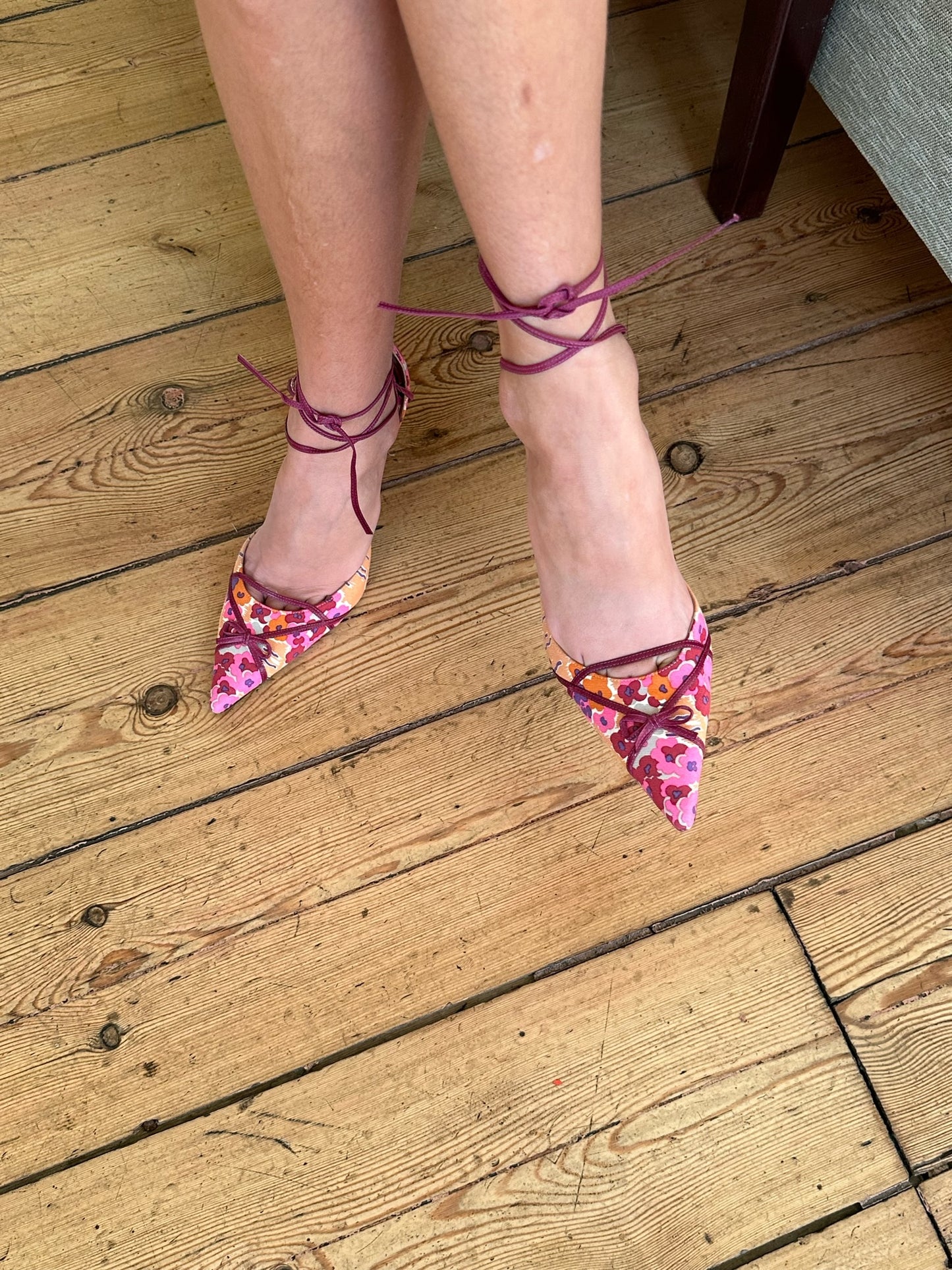 Dior Flower Patterned Bow Ankle Wrapped Heels