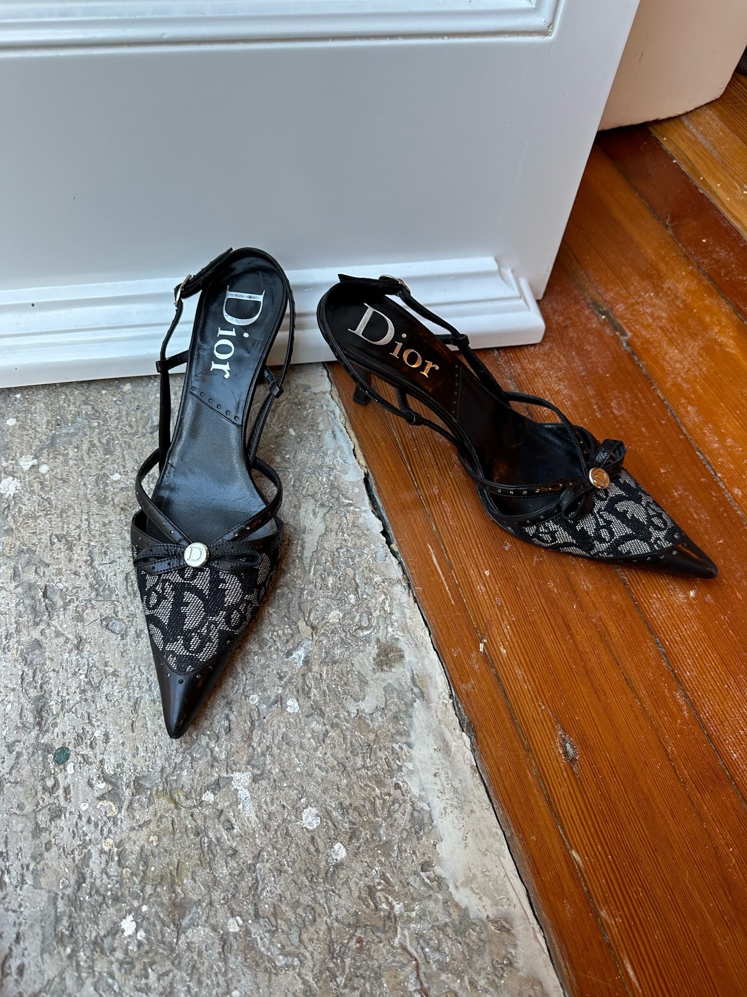 Vintage Womens CHRISTIAN DIOR Boots Heels Monogram Shoes Black 36 1/2