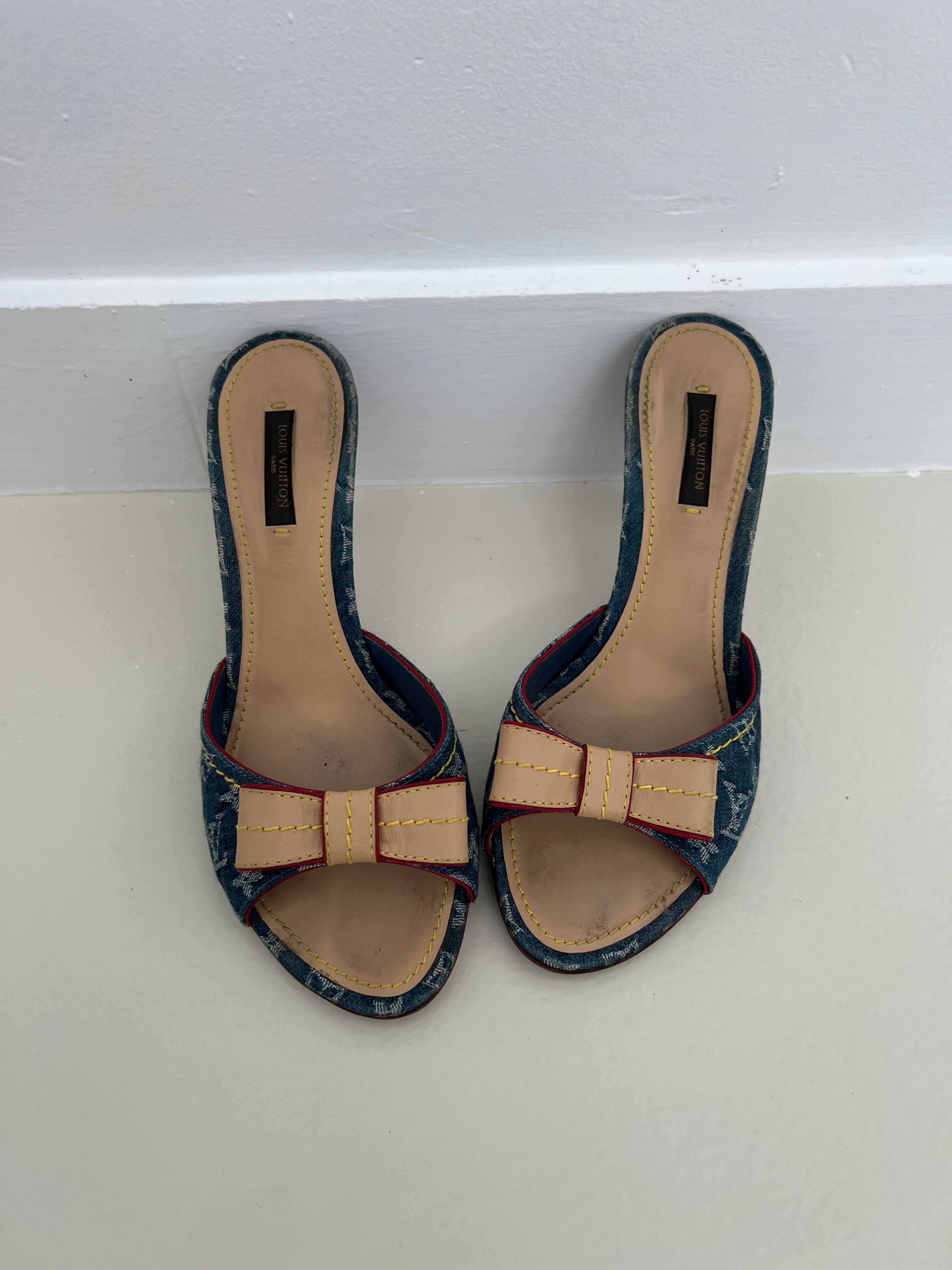 Louis Vuitton Denim Mules Heeled Sandals 37.5